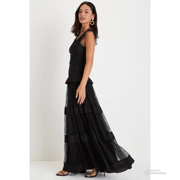 Lulus Large Marvelous Darling Black Lace Ruffled Tiered Maxi Dress NWT Formal - Picture 8 of 16